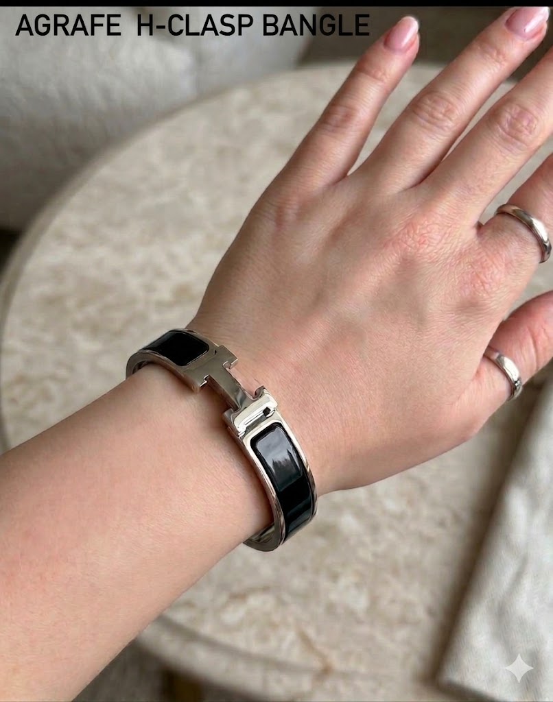 Hermes Style Gold-Plated Enamel Silver BlackBangle Bracelet