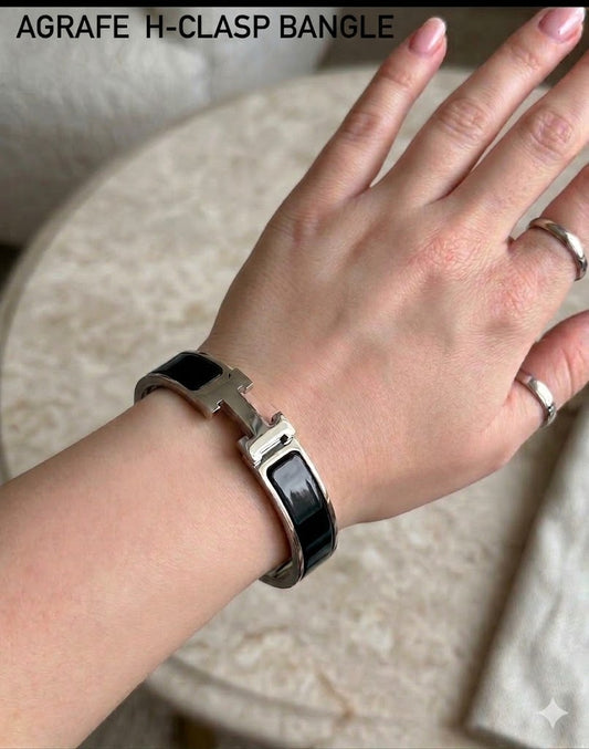 Hermes Style Gold-Plated Enamel Silver BlackBangle Bracelet