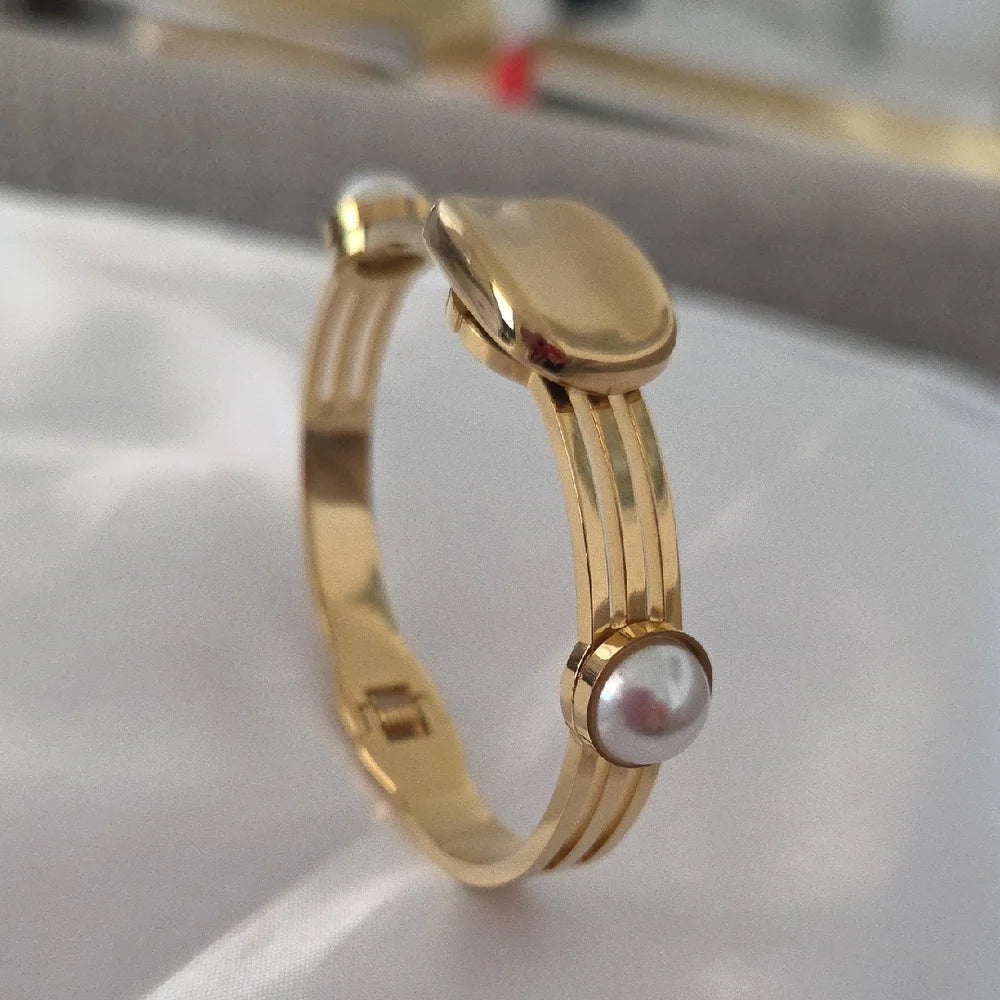 18K Gold Plated White Pearl Bangle Bracelet