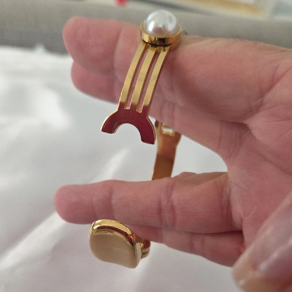 18K Gold Plated White Pearl Bangle Bracelet