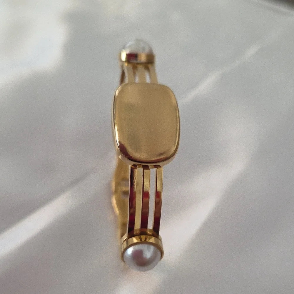 18K Gold Plated White Pearl Bangle Bracelet