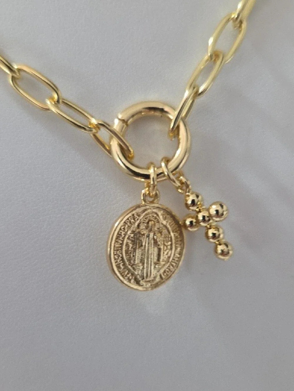 Stainless Steel Gold Link Chain Necklace with Cross and San Benito Charm