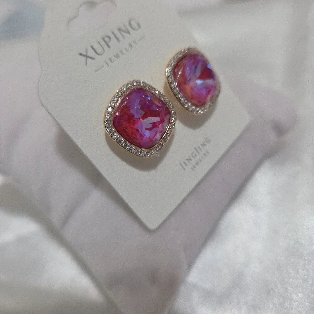 14k Laminated Pink Cushion Crystal Halo Stud Earrings