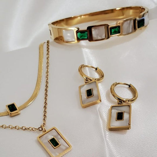 Women 18K Gold Plated Stainless Steel Green Jewelry Set