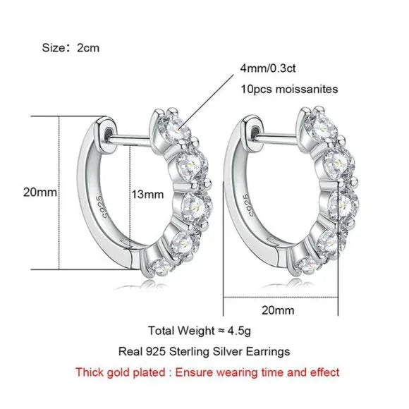 3ct Round Moissanite Huggie Hoop Sterling Silver Earrings