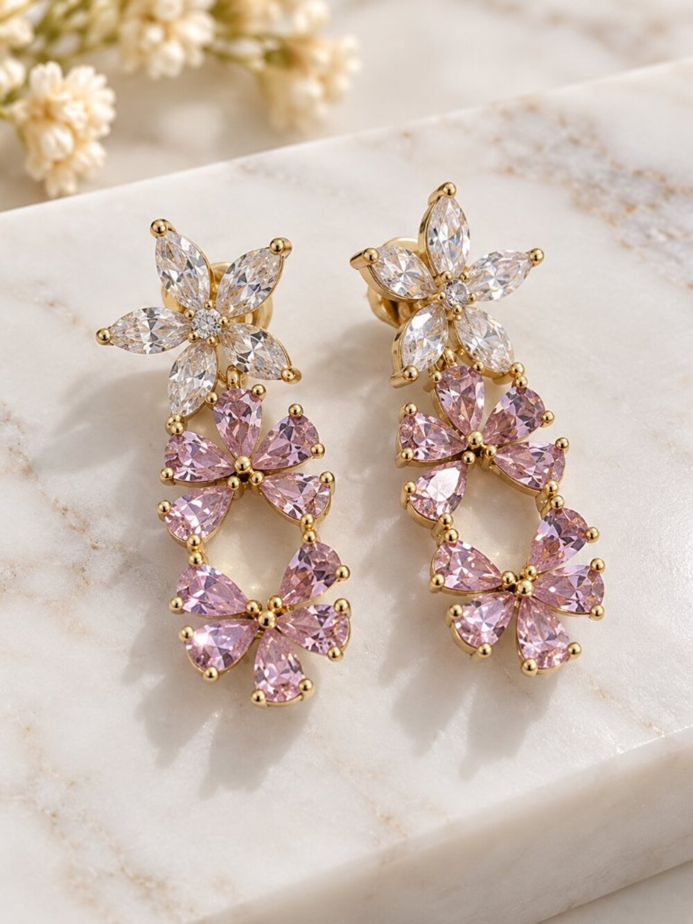 Laminated Gold Pink Crystal Floral Drop Earrings