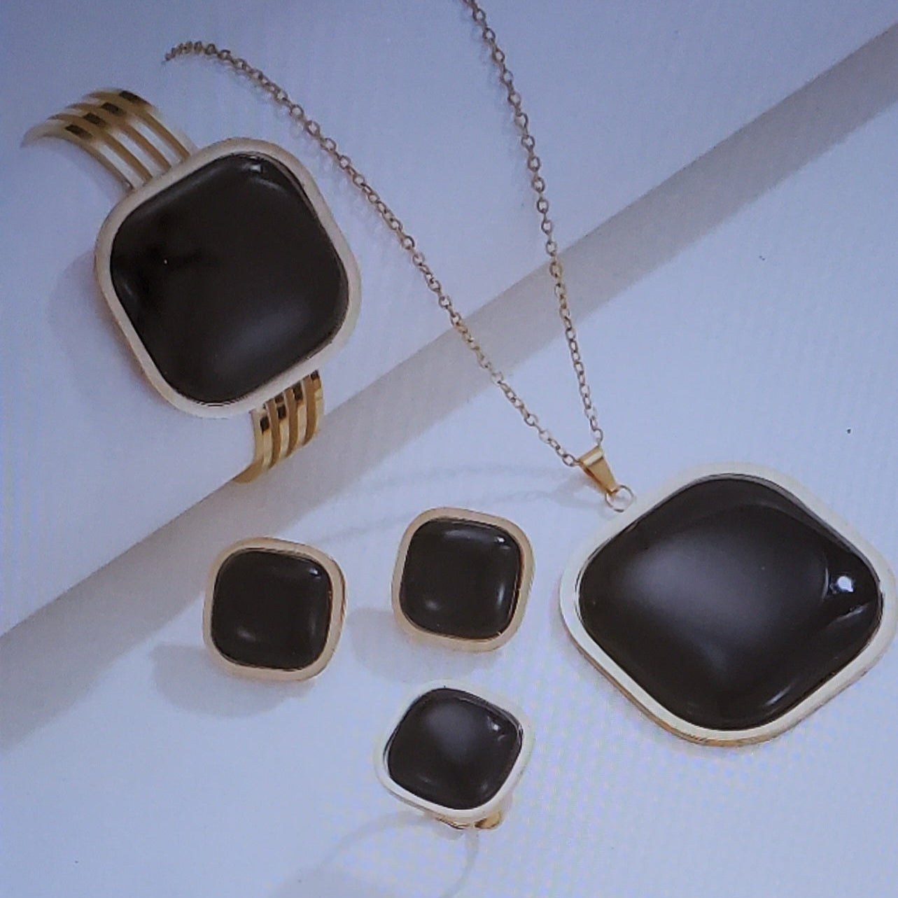 18K Gold Plated Stainless Steel Enamel Jewelry Set – Necklace, Bracelet & Ring | Multiple Colors