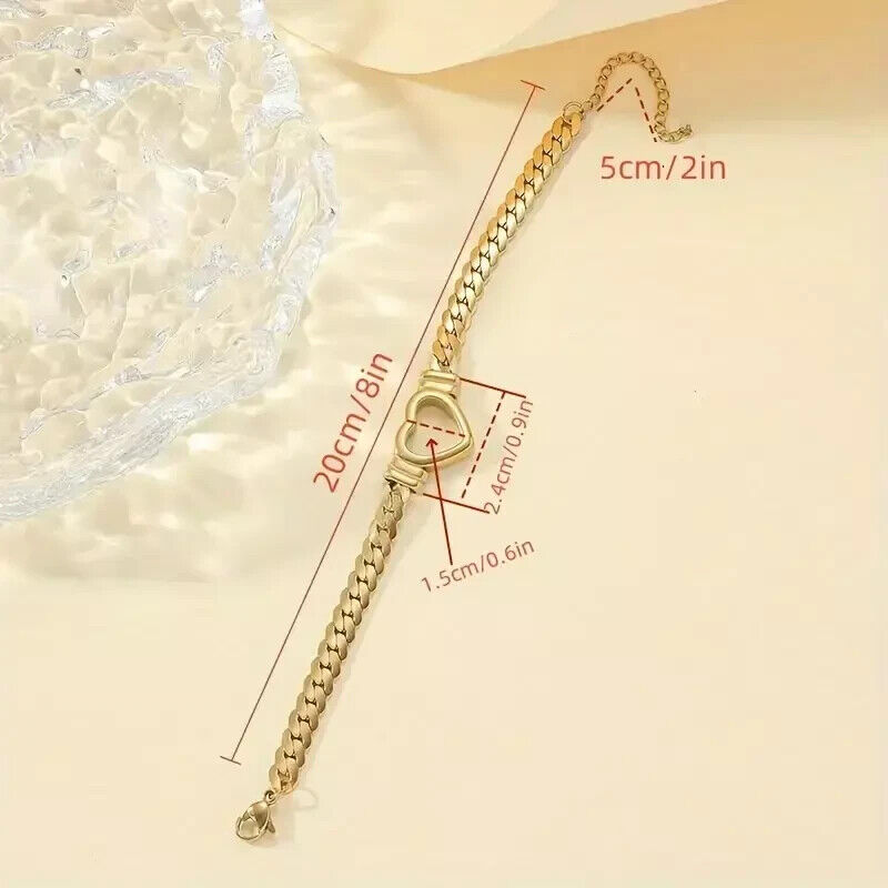Women  Bracelet Heart Set Stainless Steel 18K Gold Plated Cuban Link