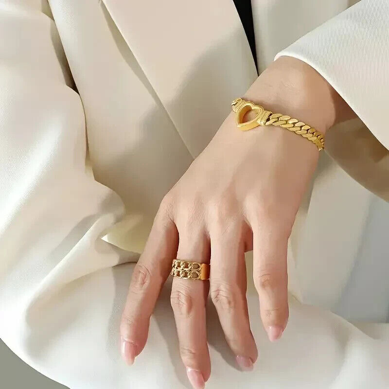 Women  Bracelet Heart Set Stainless Steel 18K Gold Plated Cuban Link