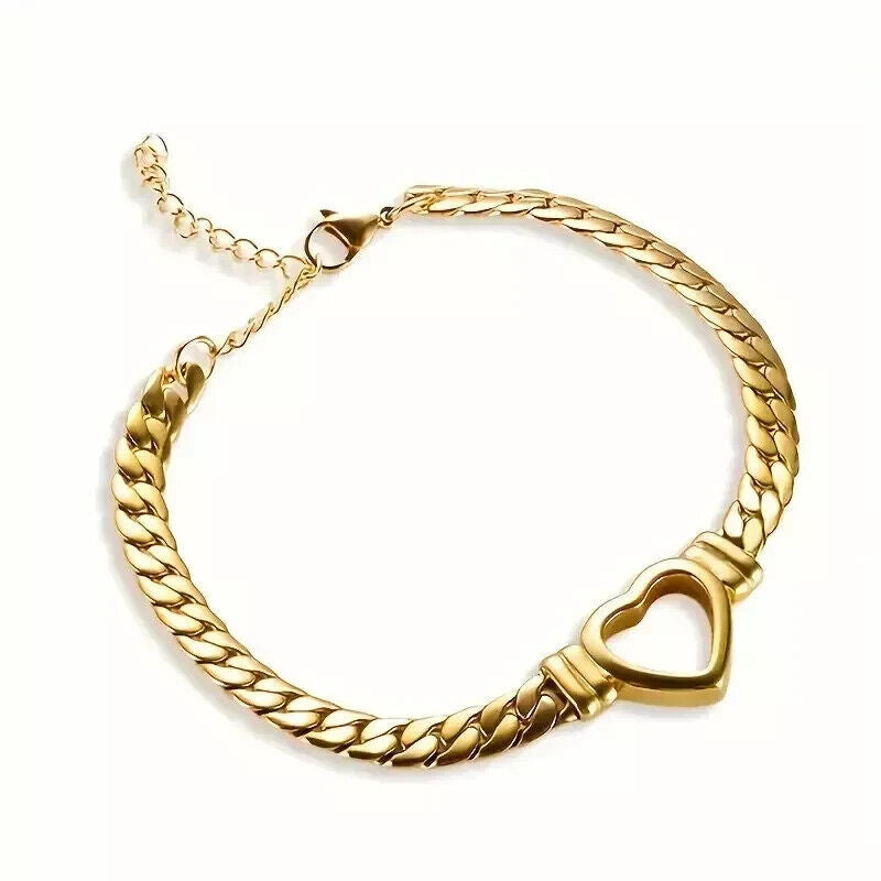 Women  Bracelet Heart Set Stainless Steel 18K Gold Plated Cuban Link