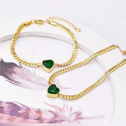 18k Gold Plated Stainless Steel Set Cubic Zirconia Green Heart Necklace & Bracelet